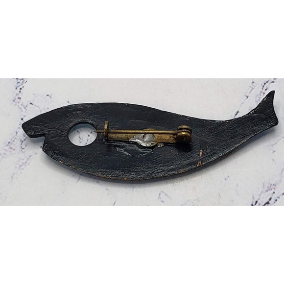 Blue Handmade Vintage Art Deco Blue and Pewter Small Enameled Fish Pin Brooch - Picture 2 of 4